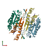 PDB entry 6bgk coloured by chain, front view.