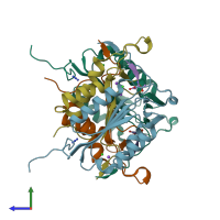 PDB entry 6bgk coloured by chain, side view.