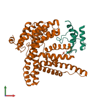 Hetero dimeric assembly 1 of PDB entry 6buh coloured by chemically distinct molecules, front view.