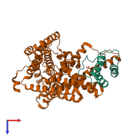 Hetero dimeric assembly 1 of PDB entry 6buh coloured by chemically distinct molecules, top view.