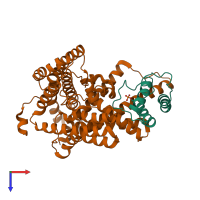 Hetero dimeric assembly 3 of PDB entry 6buh coloured by chemically distinct molecules, top view.