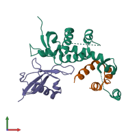 Hetero trimeric assembly 1 of PDB entry 6c16 coloured by chemically distinct molecules, front view.