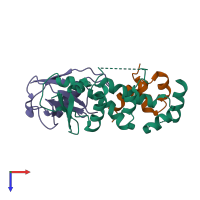 Hetero trimeric assembly 2 of PDB entry 6c16 coloured by chemically distinct molecules, top view.