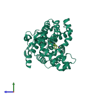 Monomeric assembly 2 of PDB entry 6c7e coloured by chemically distinct molecules, side view.