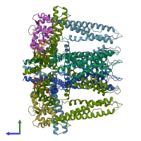 PDB entry 6cno coloured by chain, side view.