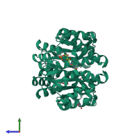 Homo dimeric assembly 1 of PDB entry 6czp coloured by chemically distinct molecules, side view.