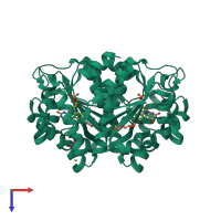 Homo dimeric assembly 4 of PDB entry 6czp coloured by chemically distinct molecules, top view.