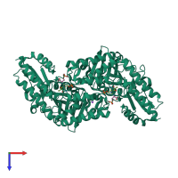 Homo dimeric assembly 1 of PDB entry 6czz coloured by chemically distinct molecules, top view.