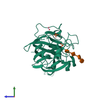 Monomeric assembly 2 of PDB entry 6d3u coloured by chemically distinct molecules, side view.