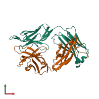 Hetero dimeric assembly 2 of PDB entry 6dcv coloured by chemically distinct molecules, front view.