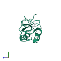 Monomeric assembly 1 of PDB entry 6dg1 coloured by chemically distinct molecules, side view.