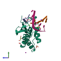 PDB entry 6dmn coloured by chain, side view.