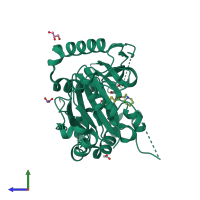 PDB entry 6dqa coloured by chain, side view.