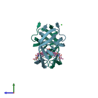 PDB entry 6dv0 coloured by chain, side view.
