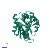 Monomeric assembly 1 of PDB entry 6dyo coloured by chemically distinct molecules, side view.