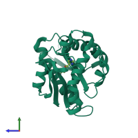 PDB entry 6dyr coloured by chain, side view.