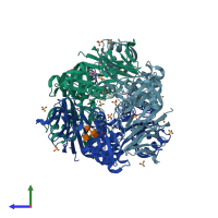 PDB entry 6eah coloured by chain, side view.