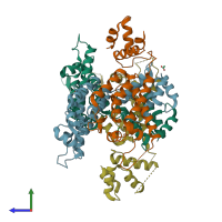 PDB entry 6ec2 coloured by chain, side view.