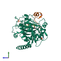 PDB entry 6egw coloured by chain, side view.