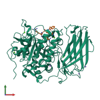 Hetero dimeric assembly 1 of PDB entry 6eqv coloured by chemically distinct molecules, front view.