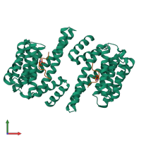 Hetero tetrameric assembly 2 of PDB entry 6eww coloured by chemically distinct molecules, front view.