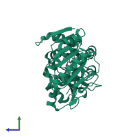 Monomeric assembly 1 of PDB entry 6f87 coloured by chemically distinct molecules, side view.