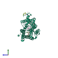 Monomeric assembly 1 of PDB entry 6fkb coloured by chemically distinct molecules, side view.