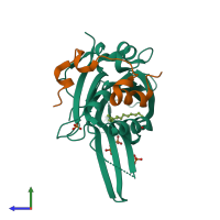 PDB entry 6ge6 coloured by chain, side view.