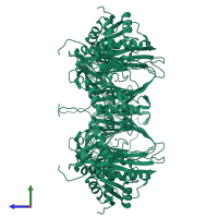 Homo tetrameric assembly 1 of PDB entry 6gpn coloured by chemically distinct molecules, side view.