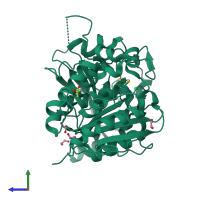 Monomeric assembly 1 of PDB entry 6grw coloured by chemically distinct molecules, side view.