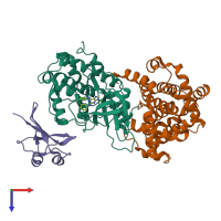 Hetero trimeric assembly 1 of PDB entry 6gu4 coloured by chemically distinct molecules, top view.