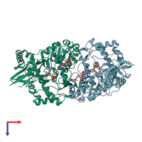 PDB entry 6he2 coloured by chain, top view.