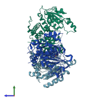 PDB entry 6hl7 coloured by chain, side view.