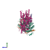 Hetero tetrameric assembly 1 of PDB entry 6hra coloured by chemically distinct molecules, side view.