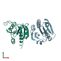 PDB entry 6huw coloured by chain, front view.