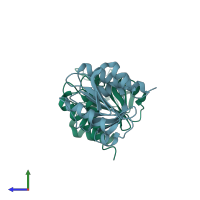 PDB entry 6huw coloured by chain, side view.
