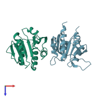 PDB entry 6huw coloured by chain, top view.