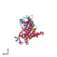 PDB entry 6i7q coloured by chain, side view.