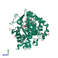 PDB entry 6idj coloured by chain, side view.