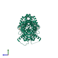 Homo dimeric assembly 1 of PDB entry 6ix4 coloured by chemically distinct molecules, side view.