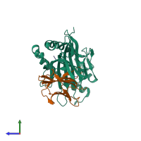 Hetero trimeric assembly 1 of PDB entry 6j2i coloured by chemically distinct molecules, side view.