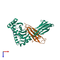 Hetero trimeric assembly 1 of PDB entry 6j2i coloured by chemically distinct molecules, top view.