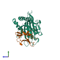 Hetero trimeric assembly 2 of PDB entry 6j2i coloured by chemically distinct molecules, side view.