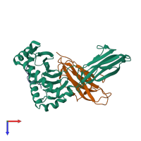 Hetero trimeric assembly 2 of PDB entry 6j2i coloured by chemically distinct molecules, top view.