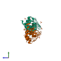 PDB entry 6jd6 coloured by chain, side view.