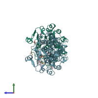 PDB entry 6juk coloured by chain, side view.