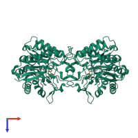 Homo dimeric assembly 2 of PDB entry 6l0a coloured by chemically distinct molecules, top view.