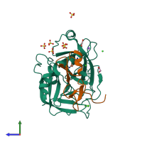 PDB entry 6mv4 coloured by chain, side view.