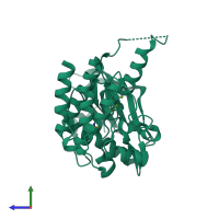 Monomeric assembly 1 of PDB entry 6n33 coloured by chemically distinct molecules, side view.