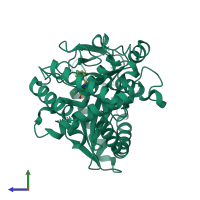 Monomeric assembly 1 of PDB entry 6nfg coloured by chemically distinct molecules, side view.